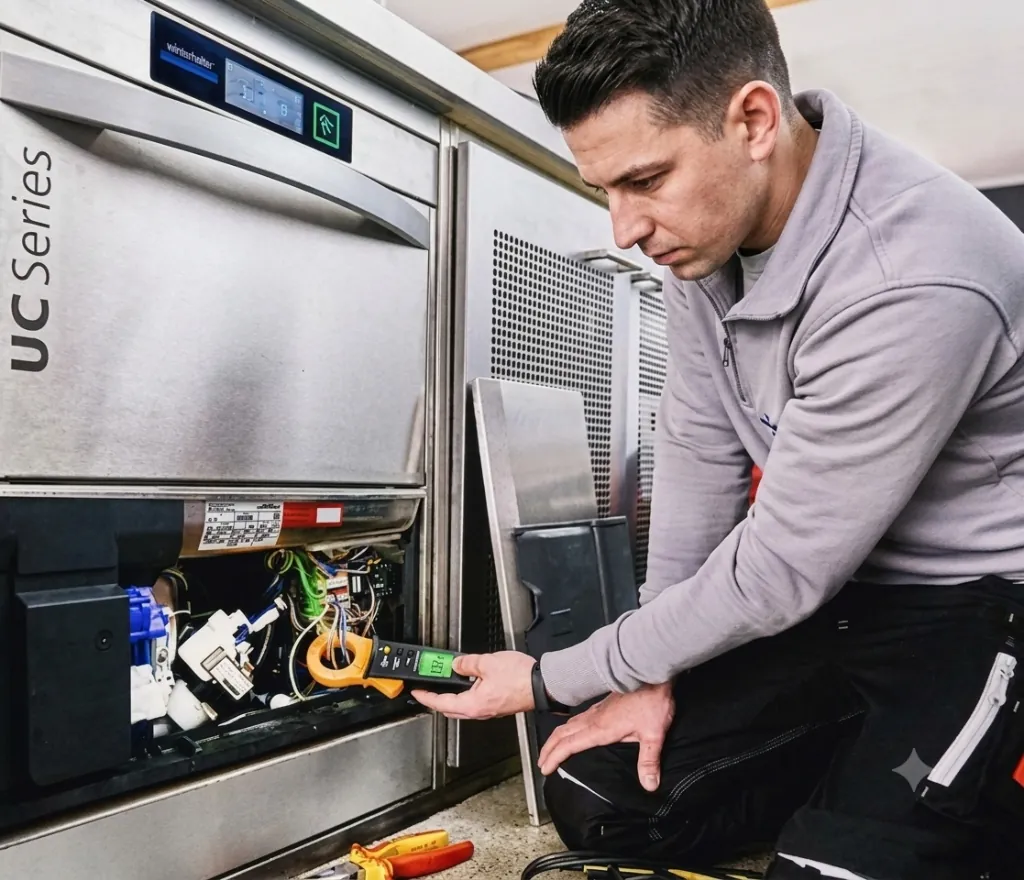 WeFixFaults technician servicing commercial kitchen and dishwashing equipment